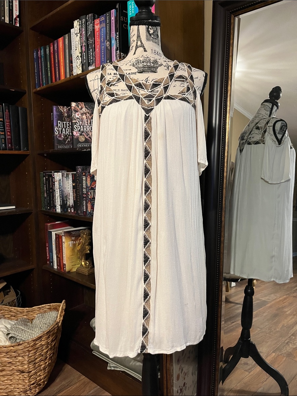 Cato Cream Cold-Shoulder Midi Dress with Embroidered Trim